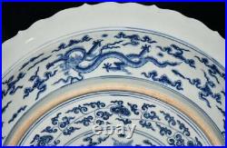 43CM Chenghua Signed Old Chinese Blue and White Dish Plate Withdragon N3079