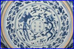 43CM Chenghua Signed Old Chinese Blue and White Dish Plate Withdragon N3079