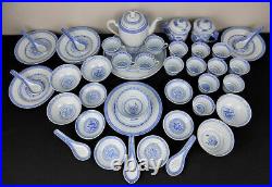 44 pc Chinese rice eye porcelain set teapot cups plates bowls blue white dragon