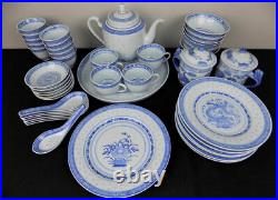 44 pc Chinese rice eye porcelain set teapot cups plates bowls blue white dragon