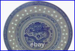 44 pc Chinese rice eye porcelain set teapot cups plates bowls blue white dragon