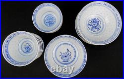 44 pc Chinese rice eye porcelain set teapot cups plates bowls blue white dragon