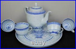 44 pc Chinese rice eye porcelain set teapot cups plates bowls blue white dragon