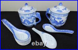 44 pc Chinese rice eye porcelain set teapot cups plates bowls blue white dragon