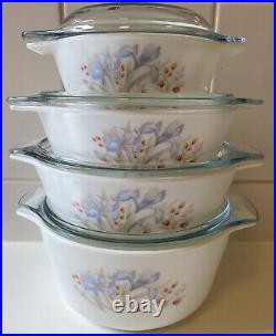 4 Vintage Pyrex Blue Iris Casserole Dishes + Lids Graduated Stacking Set Of Four