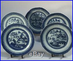 5 Antique Canton ware Chinese export Blue and White plates