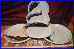 5 Handmade Pottery Round White with Blue & Brown Dinner Plates 10 1/8 Signed