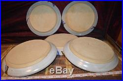 5 Handmade Pottery Round White with Blue & Brown Dinner Plates 10 1/8 Signed