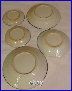 5 PCS Antique Chinese Export Blue White Canton Porcelain Plates Bowls