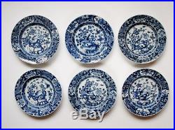 6 Antique Chinese porcelain Qing long Ch' ien Lung blue and white dishes