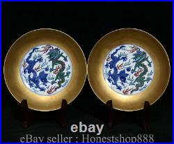 6 Yongzheng Marked Blue White Porcelain Gilt Dragons Playing Pearls Plate Pair