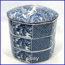 7 Fitz & Floyd Sea Dragon Stacking Bowls Made Japan Blue White 4pc Tags Octogon