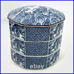 7 Fitz & Floyd Sea Dragon Stacking Bowls Made Japan Blue White 4pc Tags Octogon