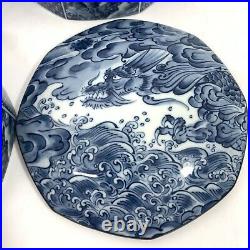 7 Fitz & Floyd Sea Dragon Stacking Bowls Made Japan Blue White 4pc Tags Octogon