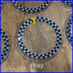 7 Peggy Karr Fused Art Glass Plates Blue White Check Border & Crescent Moon 11