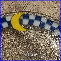 7 Peggy Karr Fused Art Glass Plates Blue White Check Border & Crescent Moon 11