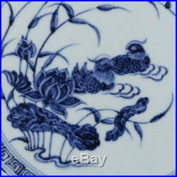 8 China old antique Porcelain Ming Blue & white Mandarin Duck lotus pond Plate