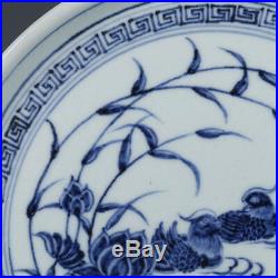 8 China old antique Porcelain Ming Blue & white Mandarin Duck lotus pond Plate