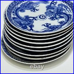 8 Vintage Japan Blue White Double Dragons Imari Ware Plates Japanese 5.25