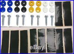8 pcs Number Plate Screw Cap Fitting Black Yellow White Blue + 10 Sticky Pads