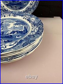 8 x Spode Italian Blue and White Dinner Plates 10.5 Wide Old Stamps