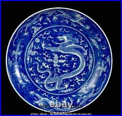 9 Kangxi Marked Blue White Porcelain Dragon Beast Sea Pattern Round Tray Plate