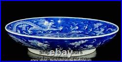 9 Kangxi Marked Blue White Porcelain Dragon Beast Sea Pattern Round Tray Plate