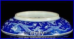 9 Kangxi Marked Blue White Porcelain Dragon Beast Sea Pattern Round Tray Plate