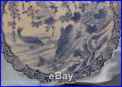 9thC Japanese Blue & White Scalloped Charger/Plate Carp & Birds 12 d