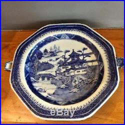 ANTIQUE 19Th C CHINESE EXPORT CANTON BLUE & WHITE HOT WATER PLATE WARMING TRAY