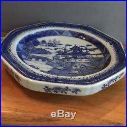 ANTIQUE 19Th C CHINESE EXPORT CANTON BLUE & WHITE HOT WATER PLATE WARMING TRAY