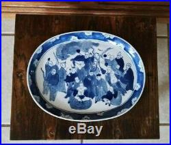 ANTIQUE 19th c. CHINESE EXPORT BLUE & WHITE OVAL TRAY PLATTER DRAGON IMMORTALS
