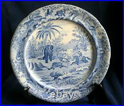 ANTIQUE BLUE TRANSFERWARE ORIENTAL SPORTS DINNER PLATE UNATTRIBUTED MAKER c. 1820