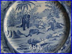 ANTIQUE BLUE TRANSFERWARE ORIENTAL SPORTS DINNER PLATE UNATTRIBUTED MAKER c. 1820