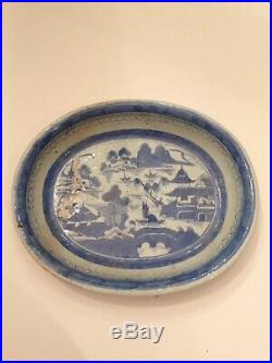 ANTIQUE EARLY CHINESE CANTON EXPORT BLUE & WHITE PLATE DISH PLATTER 19th CENTURY