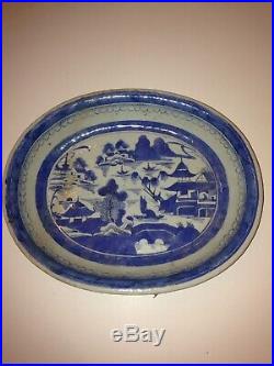 ANTIQUE EARLY CHINESE CANTON EXPORT BLUE & WHITE PLATE DISH PLATTER 19th CENTURY