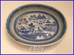 ANTIQUE EARLY CHINESE CANTON EXPORT BLUE & WHITE PLATE DISH PLATTER 19th CENTURY