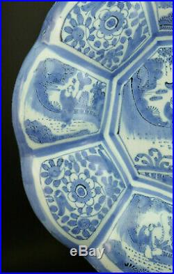 ANTIQUE SIGNED 17/18thC DUTCH DELFT BLUE AND WHITE LOBED CHINOISERIE PLATE DISH