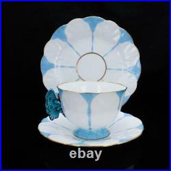 AYNSLEY Antique Butterfly Handled Blue White Trio Set Cup & Saucer & Plate