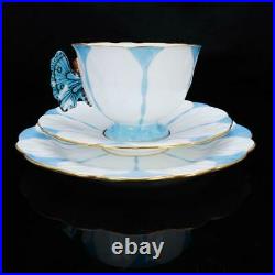 AYNSLEY Butterfly Antique Handled Blue White Trio Set Cup, Saucer, Plate Set Used
