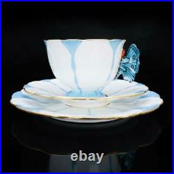 AYNSLEY Butterfly Antique Handled Blue White Trio Set Cup, Saucer, Plate Set Used