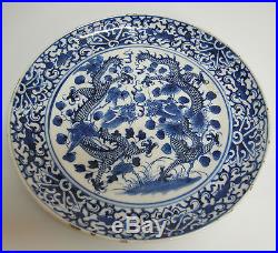 A Fine Antique Chinese Blue And White Porcelain Plate Decorated With Dragons