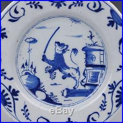 A Rare Pair Of Delft Blue And White18th Century Plates With Dutch Lions