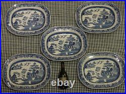 A Set 5 Middlesbrough-on-Tees Yorkshire Blue & White Willow Platters, 50cm wide