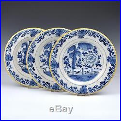 A Set Of Three Delft Blue And White 18th Century Plates Chinese Garden