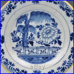 A Set Of Three Delft Blue And White 18th Century Plates Chinese Garden