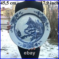 A big antique Chinese blue & white charger with landscape scene, Qianlong period