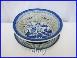 Antique18c Chinese Export Blue & White Porcelain Reticulated Basket & Plate Set