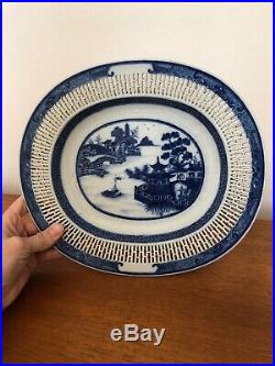 Antique 1790s Chinese Hand Painted Reticulated Blue & White Small Platter Plate