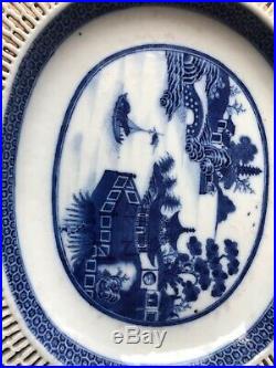 Antique 1790s Chinese Hand Painted Reticulated Blue & White Small Platter Plate
